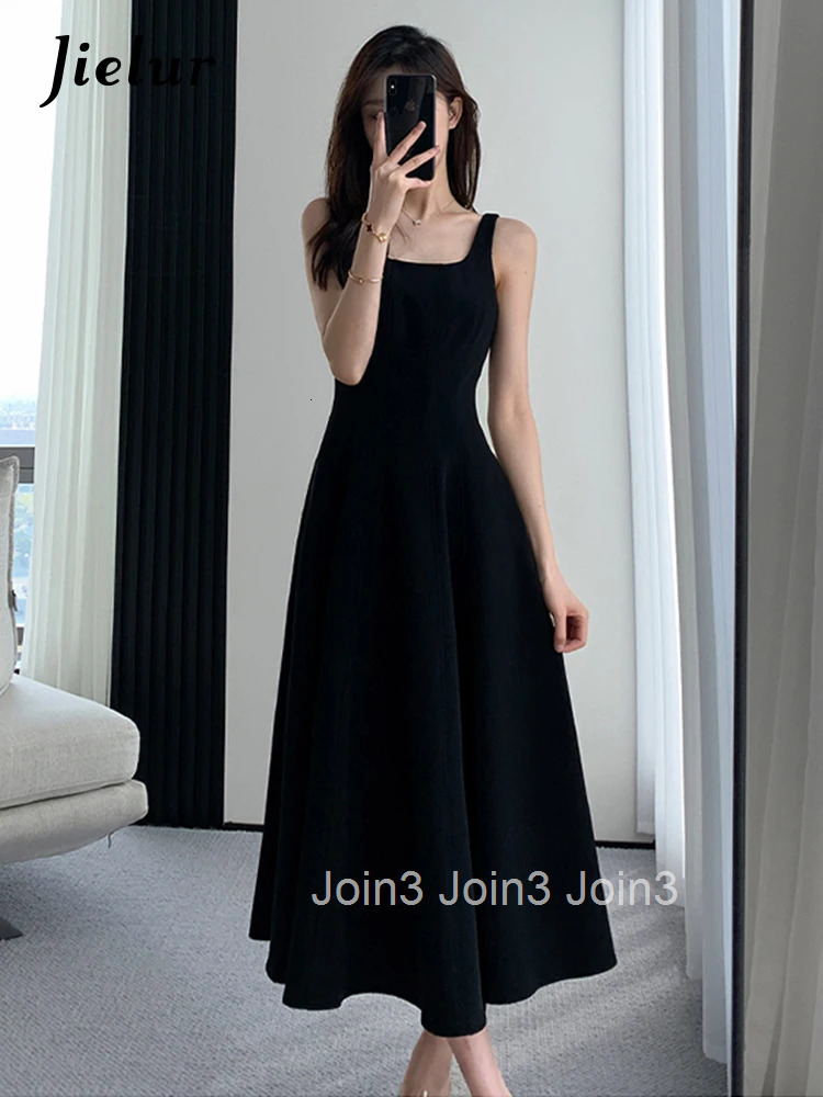 Jielur French Style Black Spaghetti Strap Female Dresses Summer Slim Waist Elegant Evening Womens Dresses Birthday Party Dress