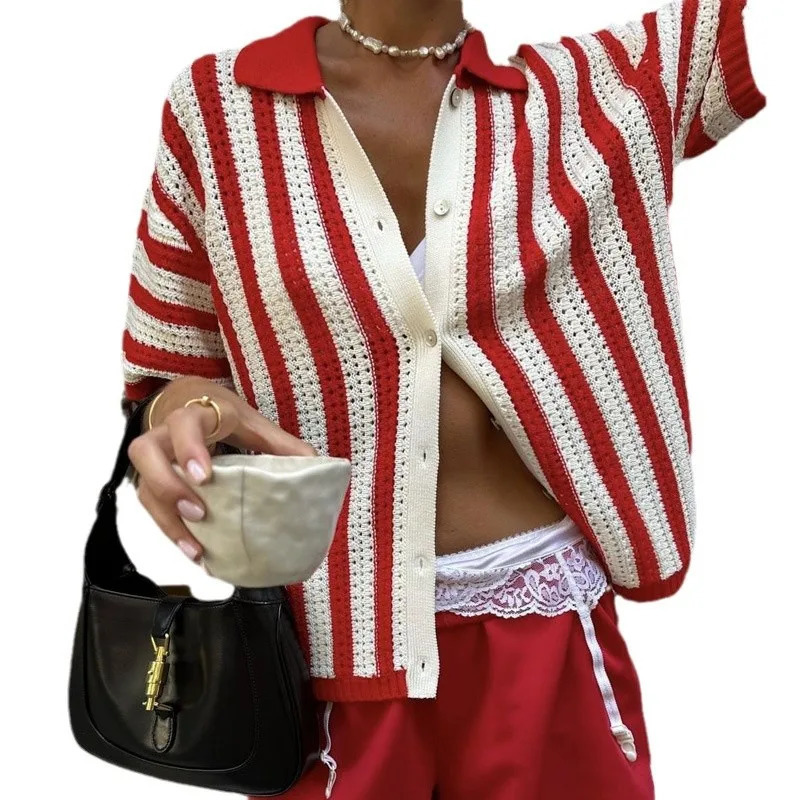 Striped Lapel Cardigan Womens Spring Summer 2025 Button Knitted Contrast Short-sleeved Cardigan Street Womens Clothing 250804