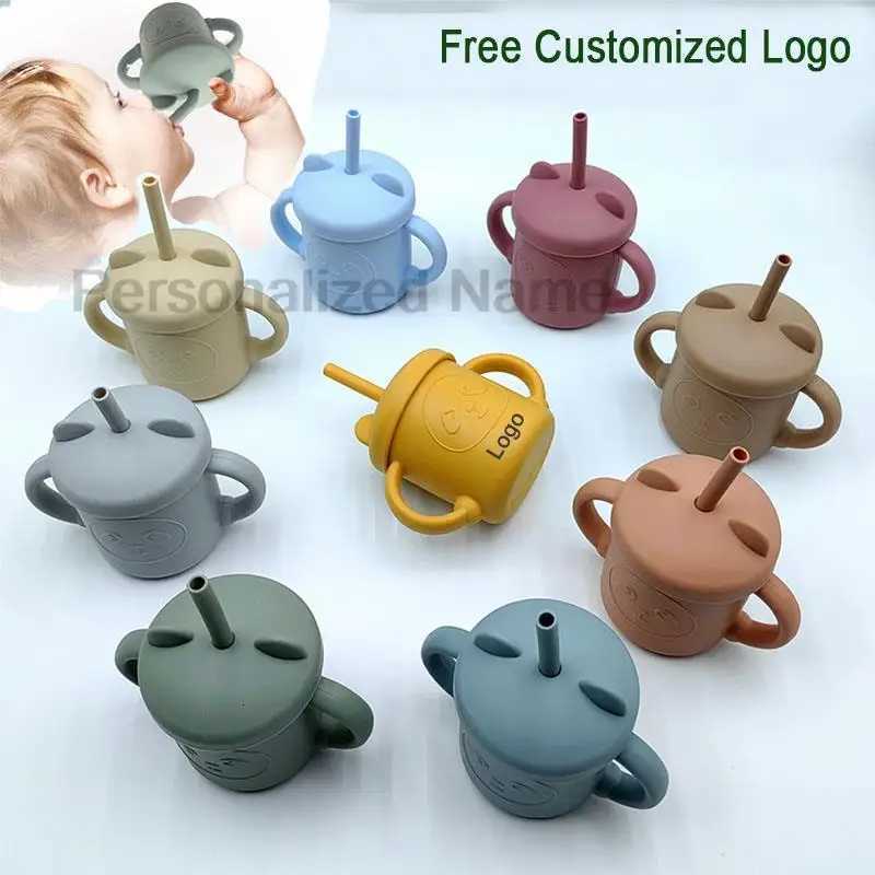 Personalized Name Baby Feeding Drinkware With Lid Straw Cute Bear Silicone Siphon Cup Leak-Proof Non-Slip Children Training Cup X2508061