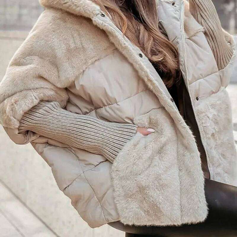 Designer Clothing 2025 1Pc Fashion Women's Cotton Elastic Ribbed Sleeve Parka Faux Fur Spliced Winter Comfort Chic Hooded Jacket Loose Zipper Coa