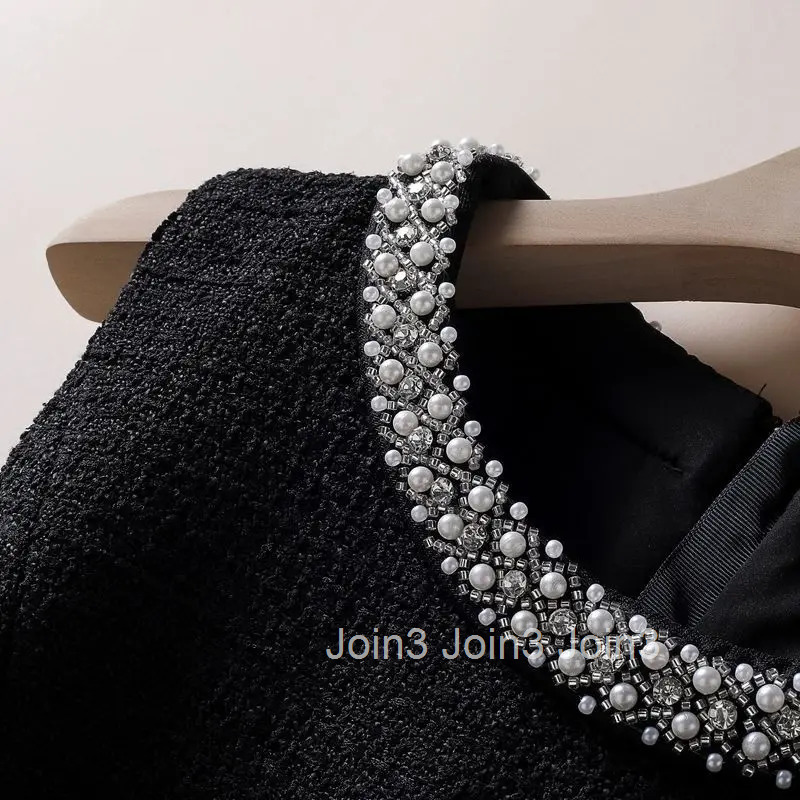 Women French Style Stylish Beaded Luxury Chic Zipper Tweed Dress Vintage Elegant Sleeveless Slim Fit Party Midi Dresses Vestidos