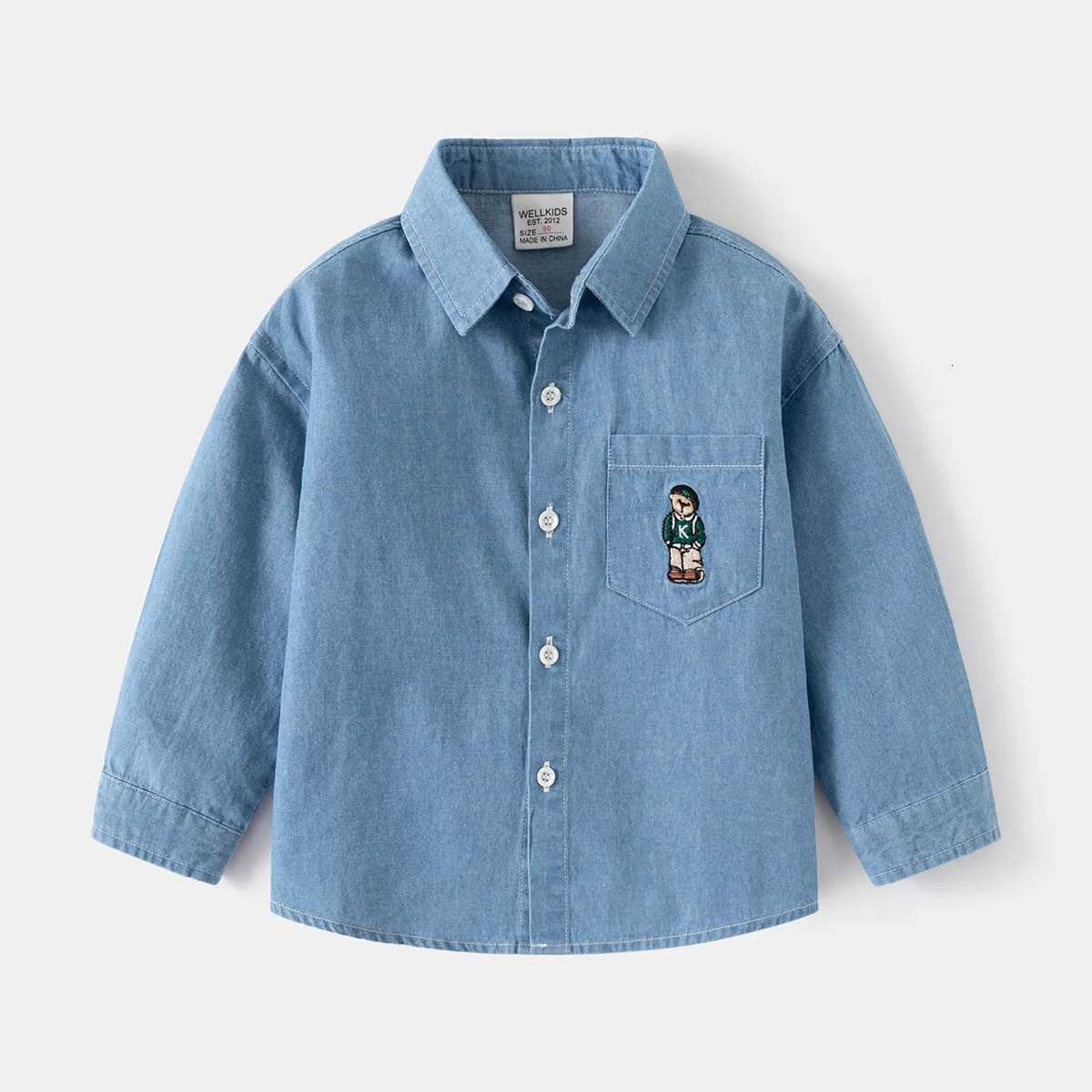 Autumn Children Boy Clothes Baby Blue Cowboy Shirts Children Embroidery Bear Long Sleeve Lapel Coat Top Fashion Party Outfits X250806