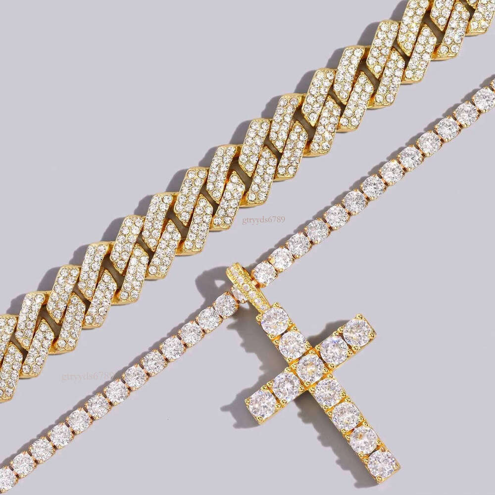 Hip Hip 2 piece set Cross Tennis 14mm necklace for men and women chilled 2 rows of Cuban chain necklace fine jewelry