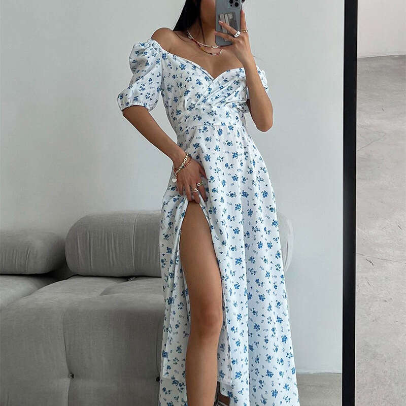 Spring Women's New French Style Sexy Slit Floral Dress 661 B5
