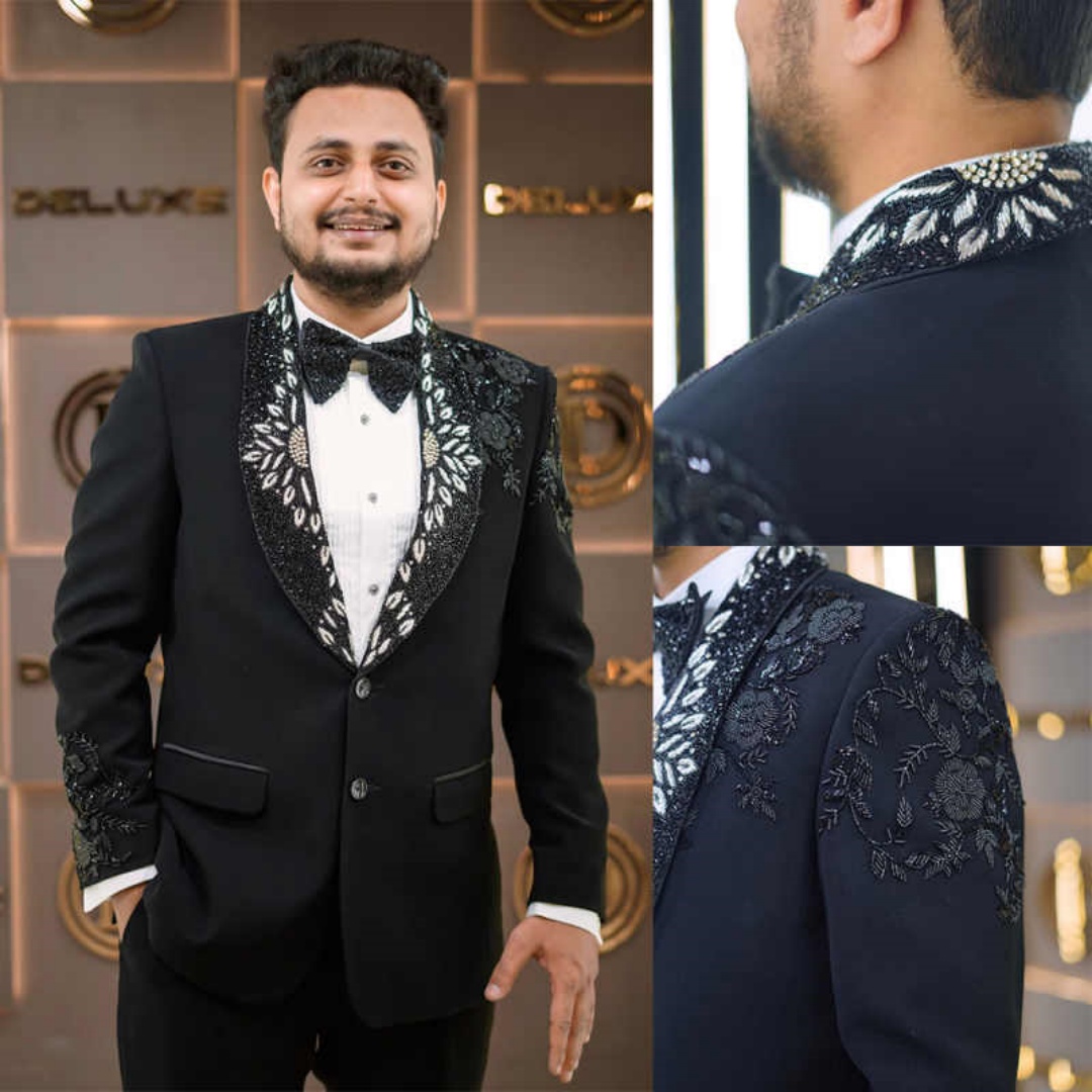 Modern Customized 2 Pieces Men Suits Shawl Lapel Two Buttons Crystal Beading Jacket Blazer Groom Wedding Tuxedos