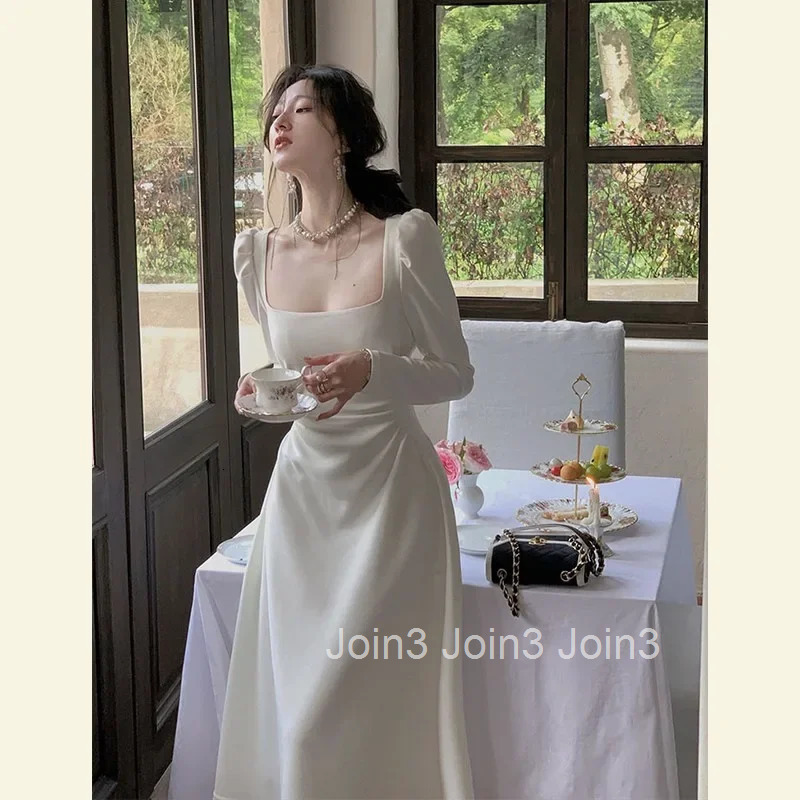 Elegant Unique White French Style Womens Dress Square Collar Long Skirt Fashionable Autumn New Arrival High-End Sensation