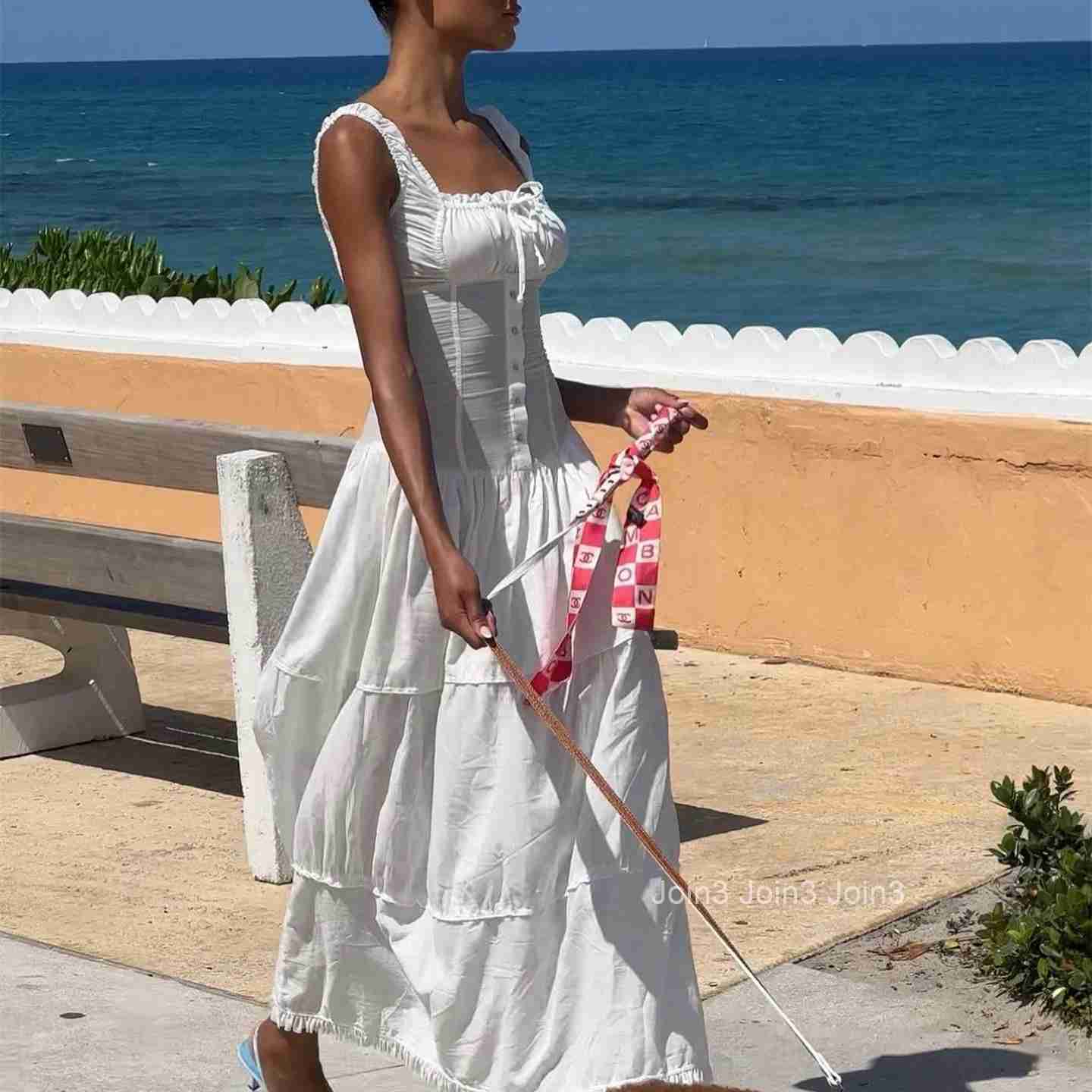 Candyhot Elegant Square-neck White Maxi Dress Casual Summer Slim Lace Up Sleeveless Dreses French Party Beachwear Vestidos