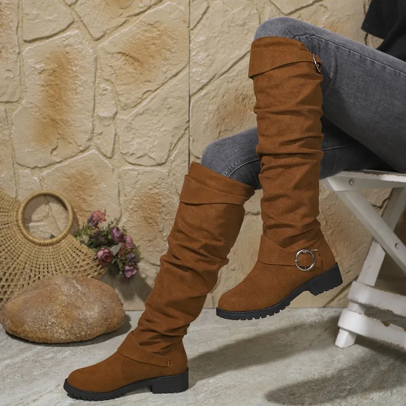 Female Women Boots Sexy Zipper Knee High Women Flats Shoes Square Toe Long Boots Thigh High Suede Chunky Heel Solid Botas 250805