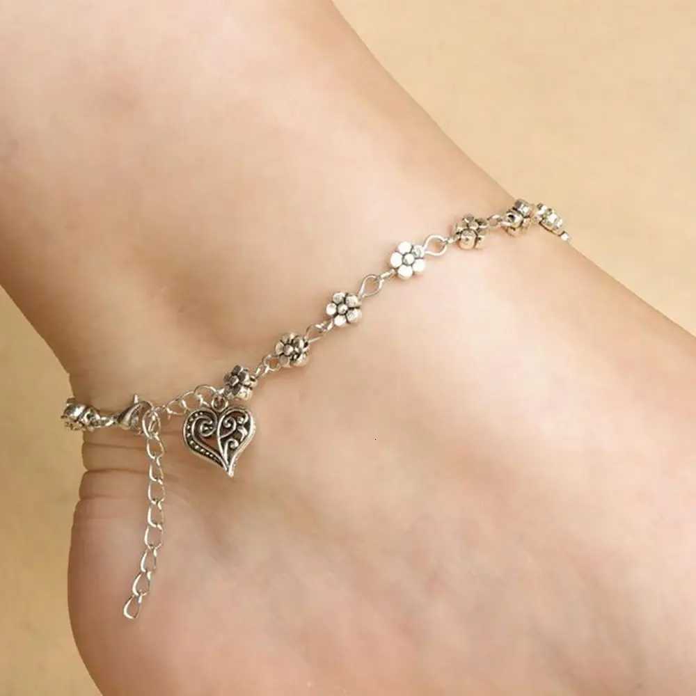 Barefoot Accessory Heart-shaped Fashion Floral Design Silver Anklet s Alloy Bead Foot Women Girl Y250805