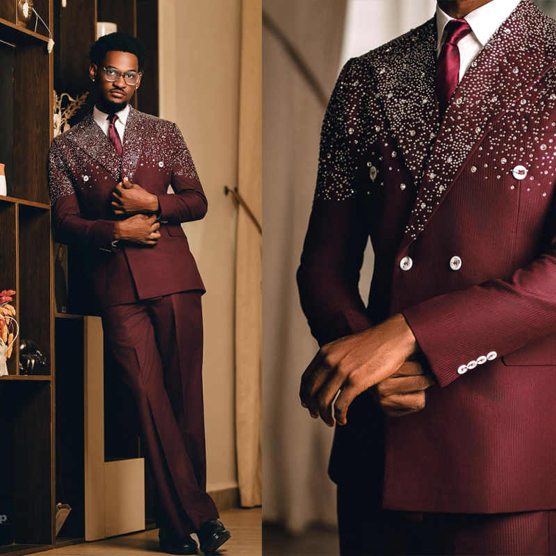 Luxury Beaded Crystal Men Suits Customized Peaked Lapel Groom Tuxedos 2 Pieces Sets Wedding Prom Blazers Slim Fit ropa hombre