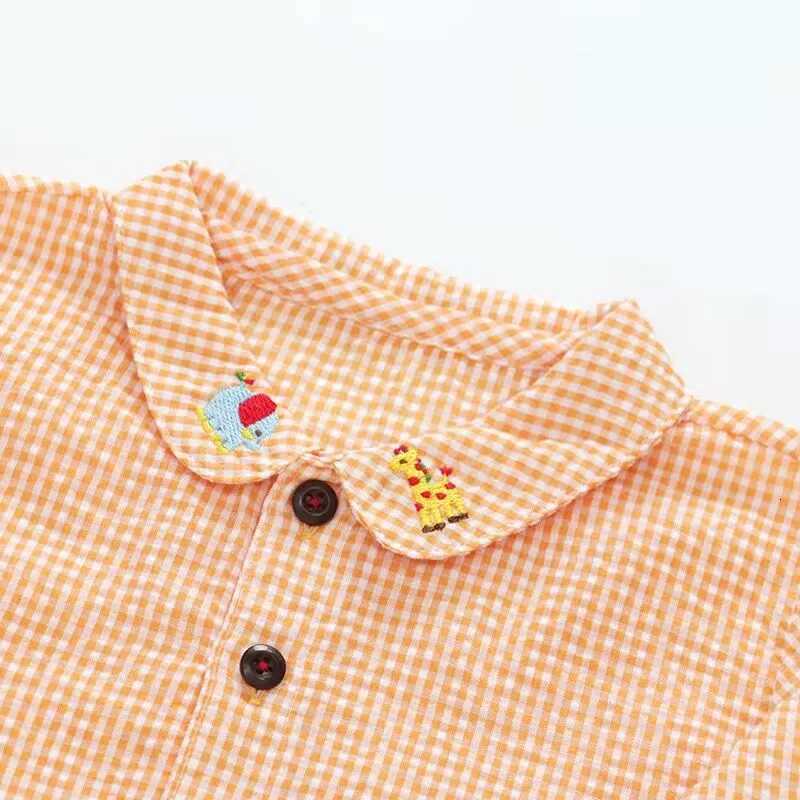 Autumn Girls Orange Plaid Blouse Shirt Cute Cartoon Bear Lion Embroidery Boy Long Sleeve Layering Casual Top for Toddler Kids X250806