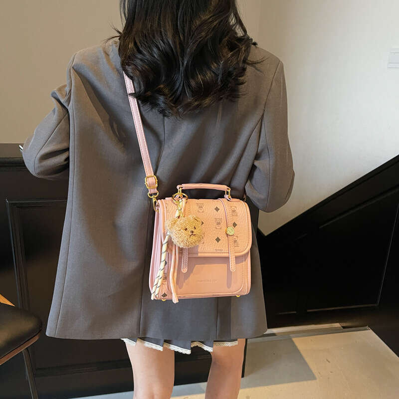 Chic Patterned Mini Backpack with Teddy Charm - Adjustable Straps, Multiple Compartments, Ideal for Teen Girls and Young Women