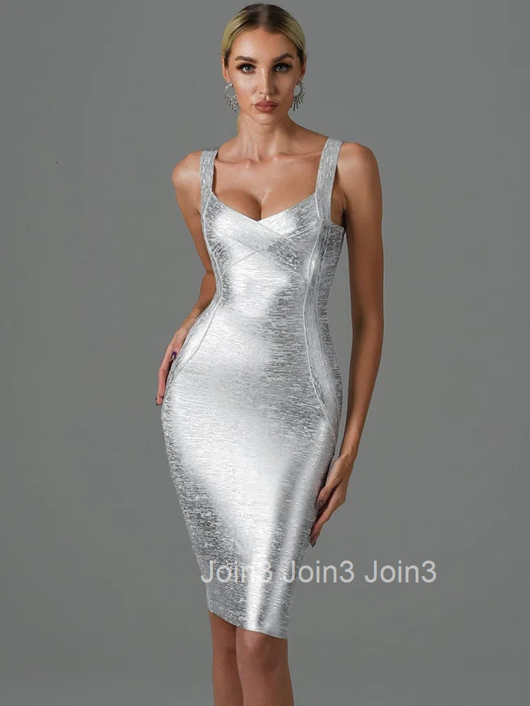 Real Photos Bronzing Bandage Bodycon Dress Women Elegant Tank Square Collar High Street Going Out Dresses Special Occasion