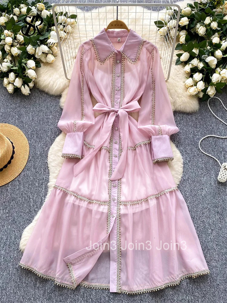 HIgh Quality Luxury Vintage Long Dress Female Lapel Long Sleeves Court Design French Retro Sheer Lace Chiffon Dress