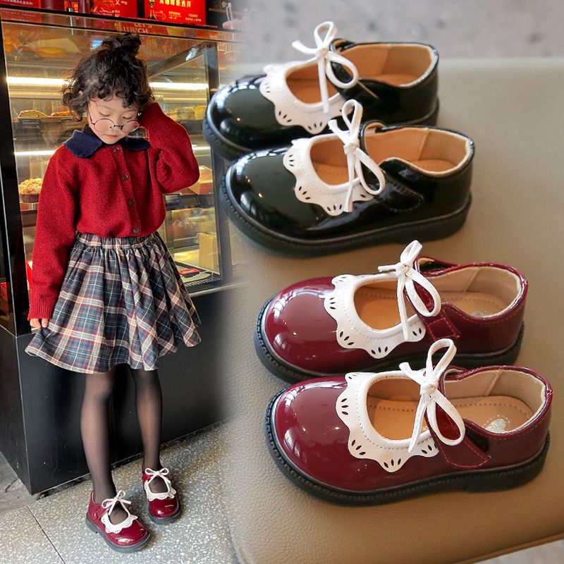 Shoes for Kids Girls Princess Shoes Wine Red Black Ruffles Elegant Patent Leather Bowknot Cutefeet Children Girl Toddlers Flat Shoes Sizes 21 - 35 C03