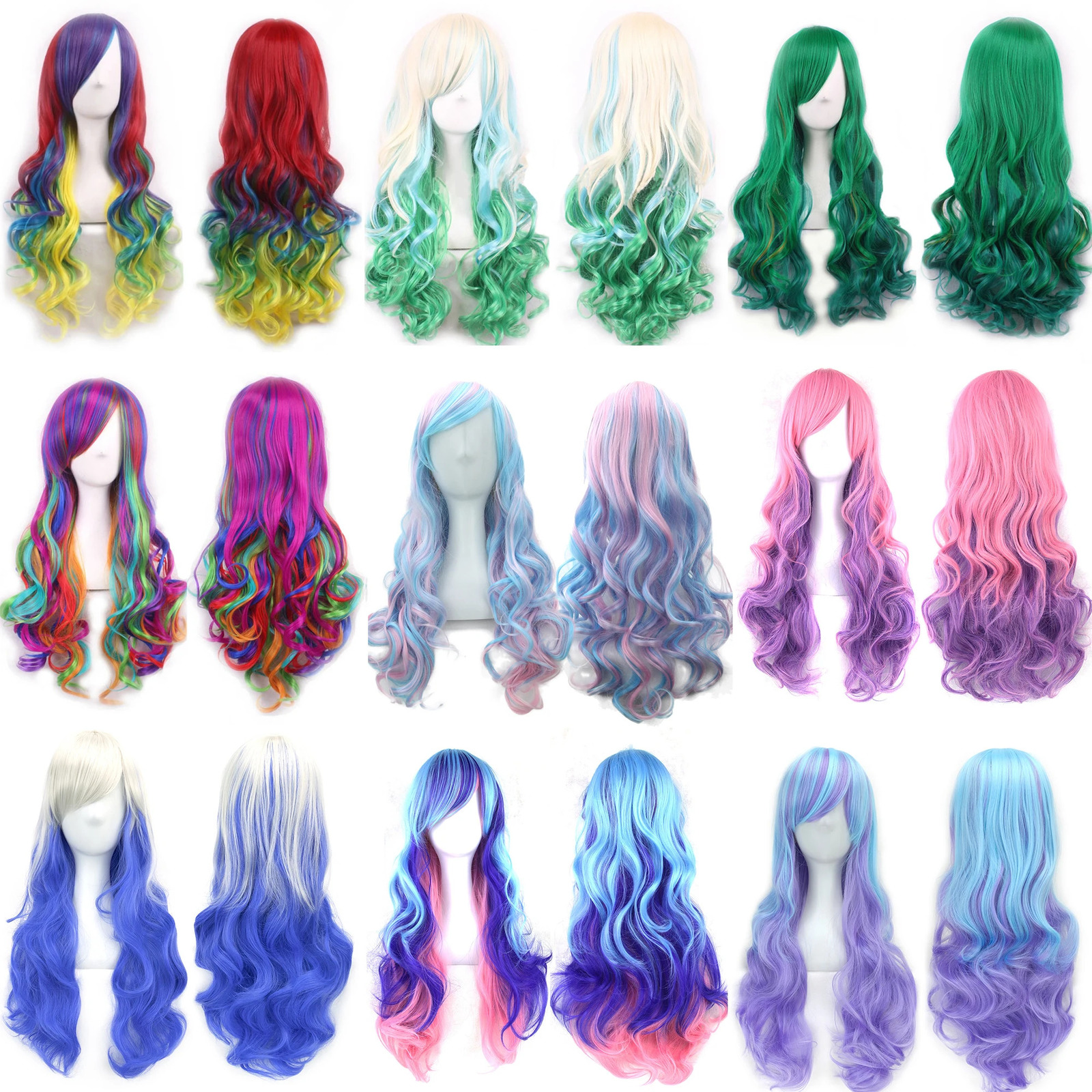 Soowee Synthetic Hair Ombre Rainbow Cosplay Wig with Bangs Red Yellow Purple Green Blue Wigs for Black Women 250805