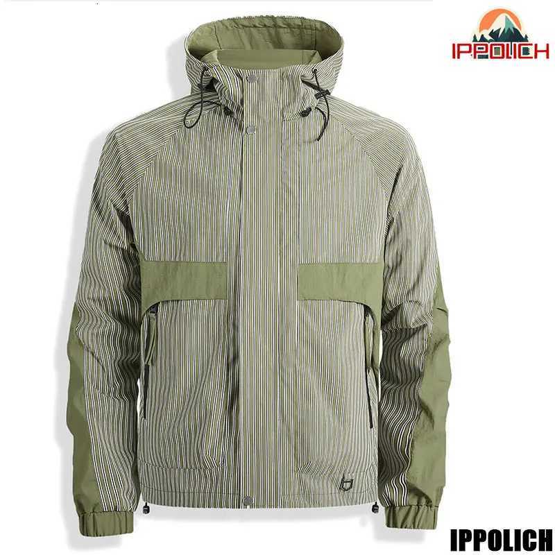 Spring Men Hiking Jacket Stripe Patchwork Windproof Hooded Coat Adjustable Drawstring Travel Jacket Outdoor Camping Cargo Jacket W250806