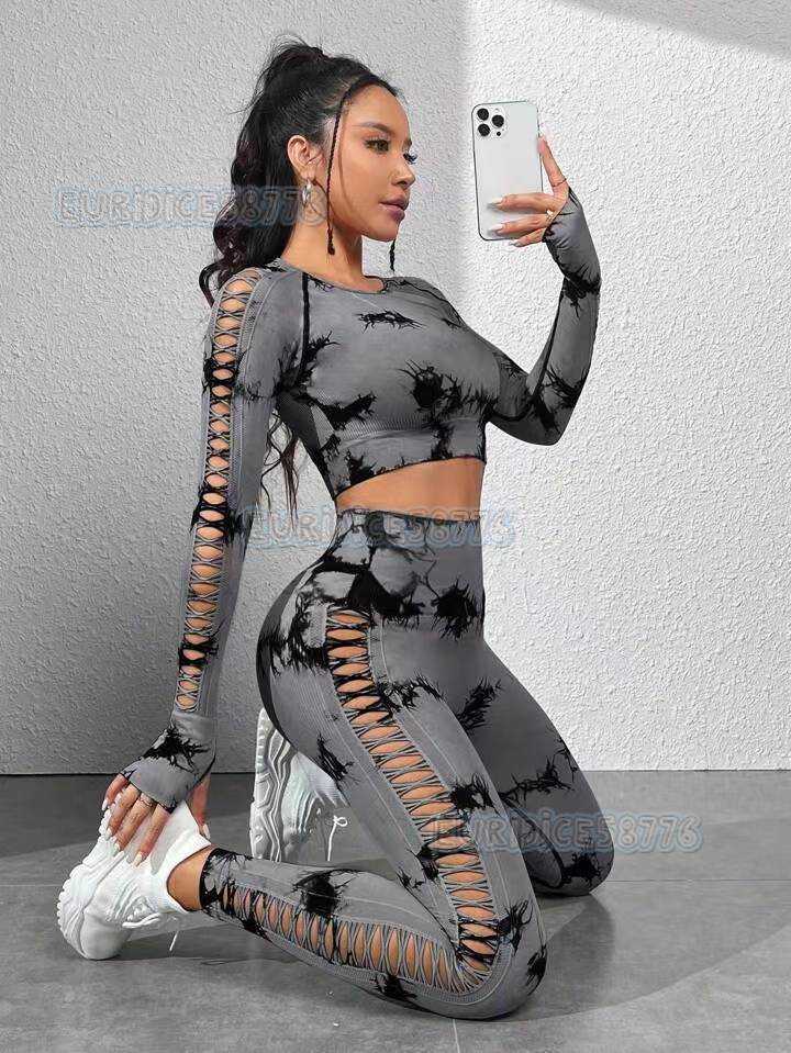 Side Hollow Out Short Sleeve Shorts Long Sleeve Long Pants Tie Dye 4-piece Set Women Outdoor Sports Fitness Yoga Outfit H250806