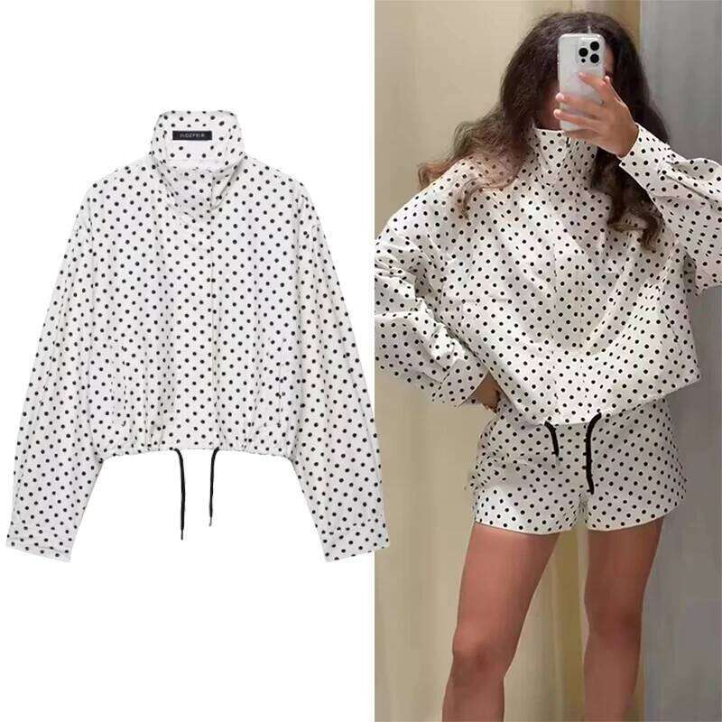 hoodie Polka Dot Print Short Coats Women's High Street Long Sleeve Jackets for Women Elegant Office Ladies Casual Outerwear jacket