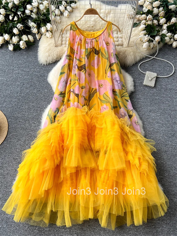 French Vintage Print Dress Women O-Neck Spaghetti Strap Mesh Splice Irregular Ruffles Beach Fashion Ball Gown Dresses