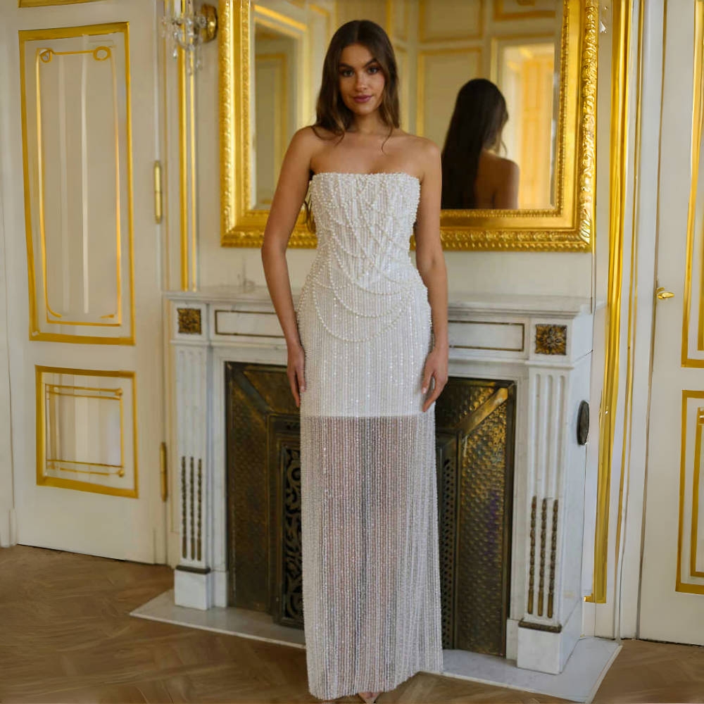 Beading Strapless Sheath Wedding Dresses Pearls Sequined Glitter Long Bridal Gowns Back Slit Corset Reception Dress For Women 2025