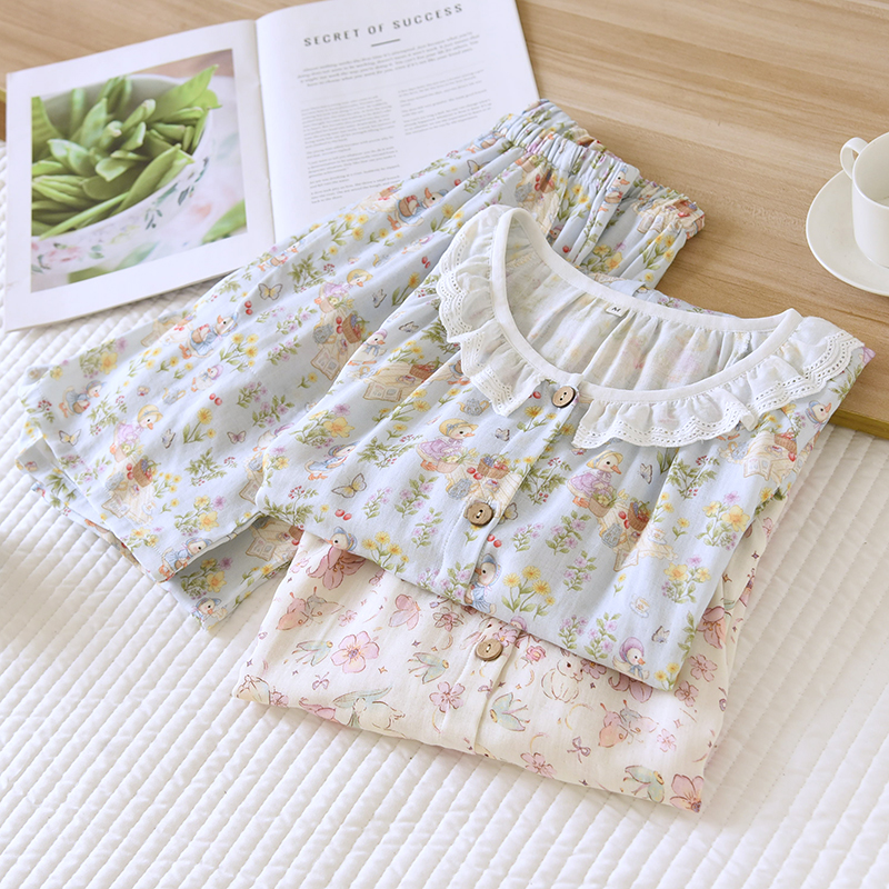 Digital double-layer gauze sleepwear, cute cartoon lace set for women, thin summer short sleeved shorts, cardigan, home wear