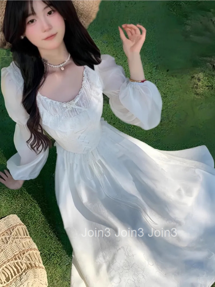 Autumn Elegant Korean Jacquard Fairy Dress Vintage Court Style Lantern Sleeve Princess Party White Dresses Bandage Vestidos