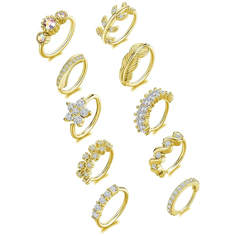 10Pcs Nose Ring Hoop Paved Flower Leaf Feather CZ Cartilage Earrings Nose Piercing Jewelry for Women Men Gold Tone 20G