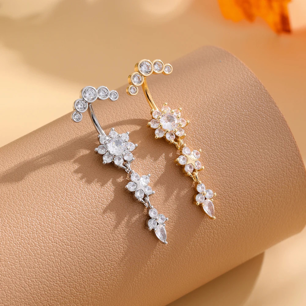 Gold Color Stainless Steel Belly Button Ring Long Dangled Flower CZ Crystal Navel Belly Piercing Rings for Women Sexy Jewelry 250805