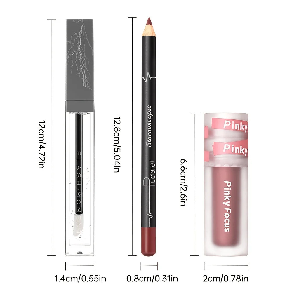 3PCS Shimmer Lip Gloss - Lip Liner and Lip Mud and Oil Non-StickyGlitter Nourishing Glossy Lipstick 250805