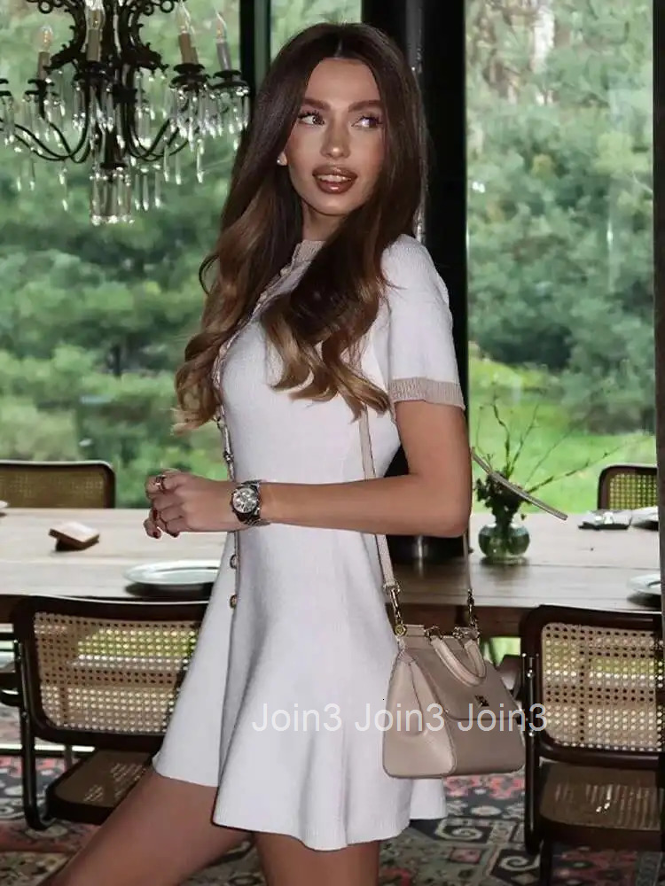 Women Elegant Contrast Single Breasted Knitted Mini Dress Fashion O Neck Short Sleeve A Line Vestidos Female Summer PLQ7