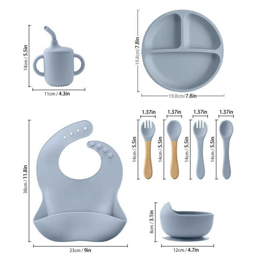 8PCS/Set BPA Free Silicone Baby Feeding Set Sucker Bowl Dishes Plate Straw Cup Spoon Forks Baby Bib For Childrens Tableware X250806