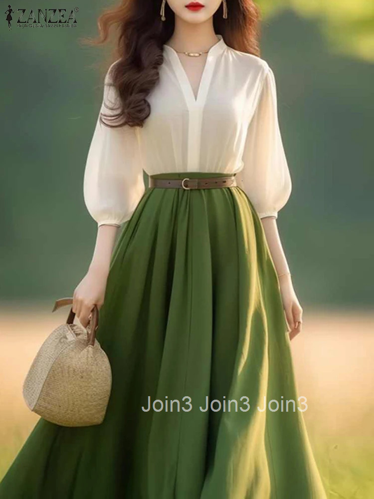 Women Lantern Half Sleeve Dresses Elegant Summer Dress Spring A-Line Office Lady Vestidos Casual V-Neck Party Robes