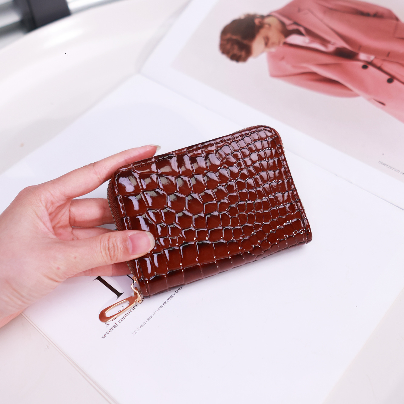 New Holder Women, Crocodile Pattern Solid Color Accordion Holder, Simple Multi-Card Slot Card Case, Zipper Coin Purse for Women