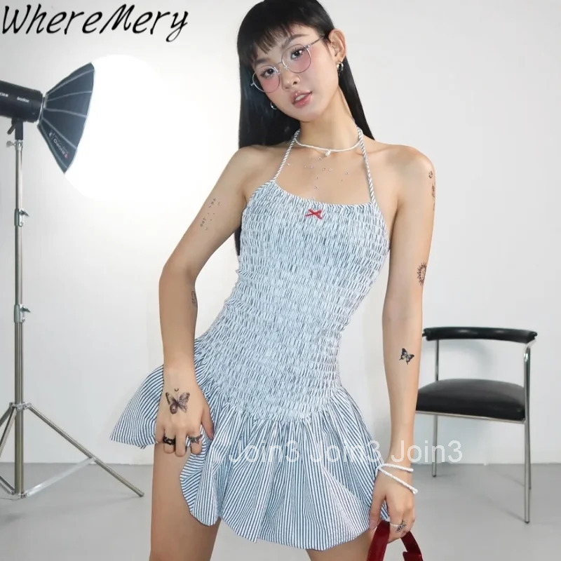 WhereMery Striped Print Ruched Off Shoulder Backless Halter Dresses Y2K Sexy Fashion Spring Summer New Streetwear Women Vestidos