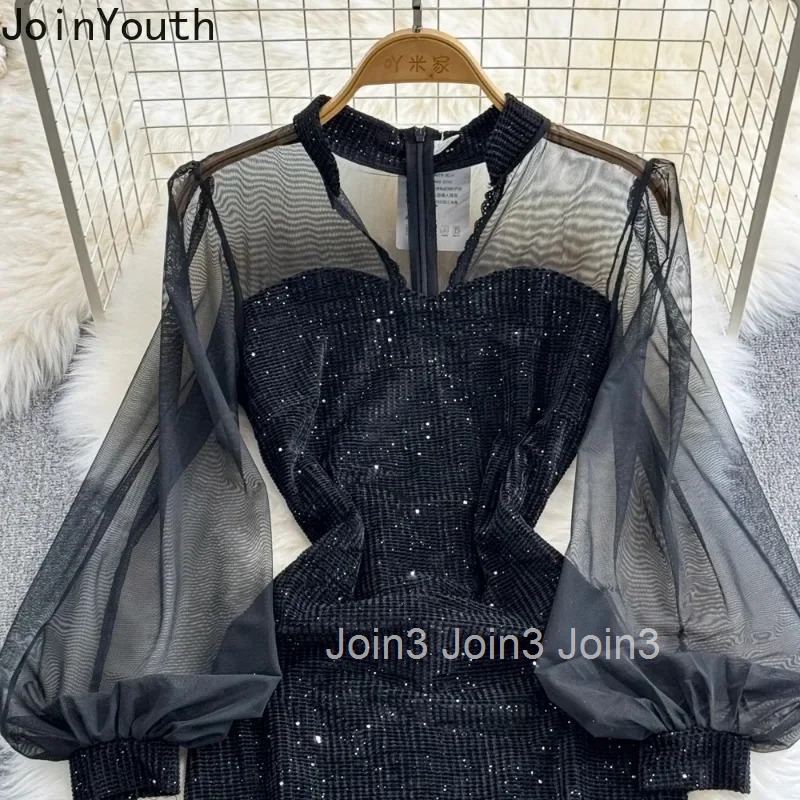 Temperament Robe Femme Black Patchwork Gauze Dress Women Vestidos De Mujer Lantern Sleeve Velvet Sequin Bodycon Dresses