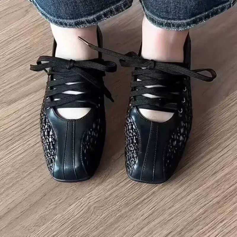 2025 New Mesh Flats Sandals Women Ballet Shoes Mary Janes Square Toe Hollow Loafers Shoes Summer Shallow Casual Sneakers M250806