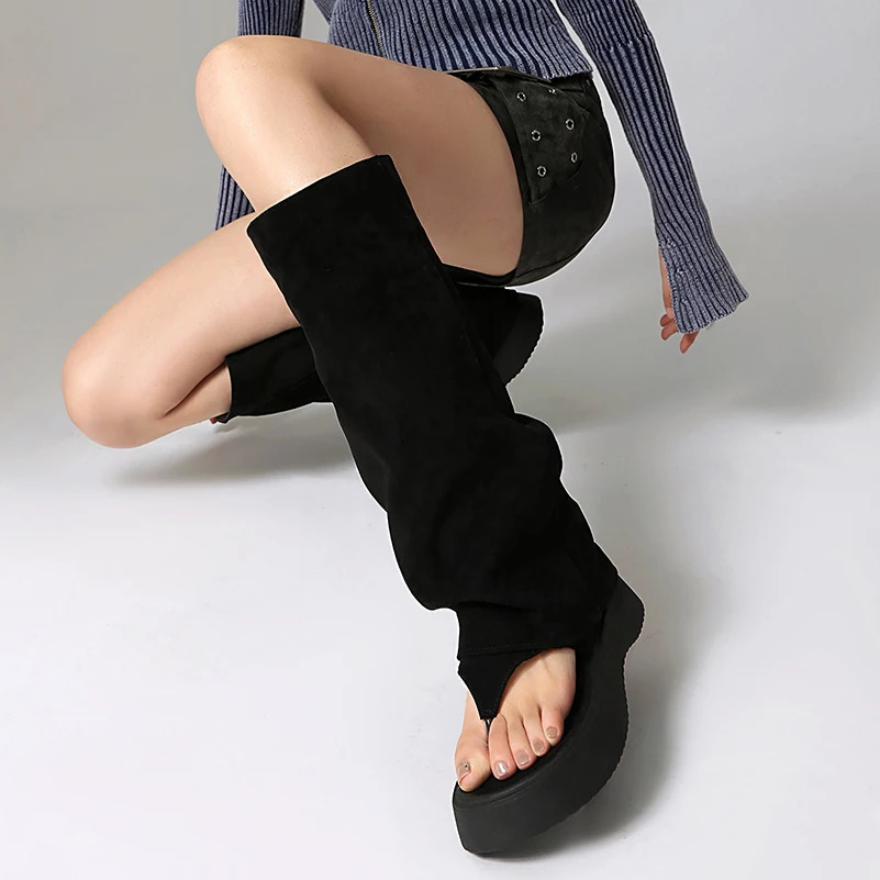 Plus Size Frosted Suede Material Flat Bottom Clip Toe Cover For Womens Summer Midsole Boots Breathable Lining Peep Toe Boots 250805