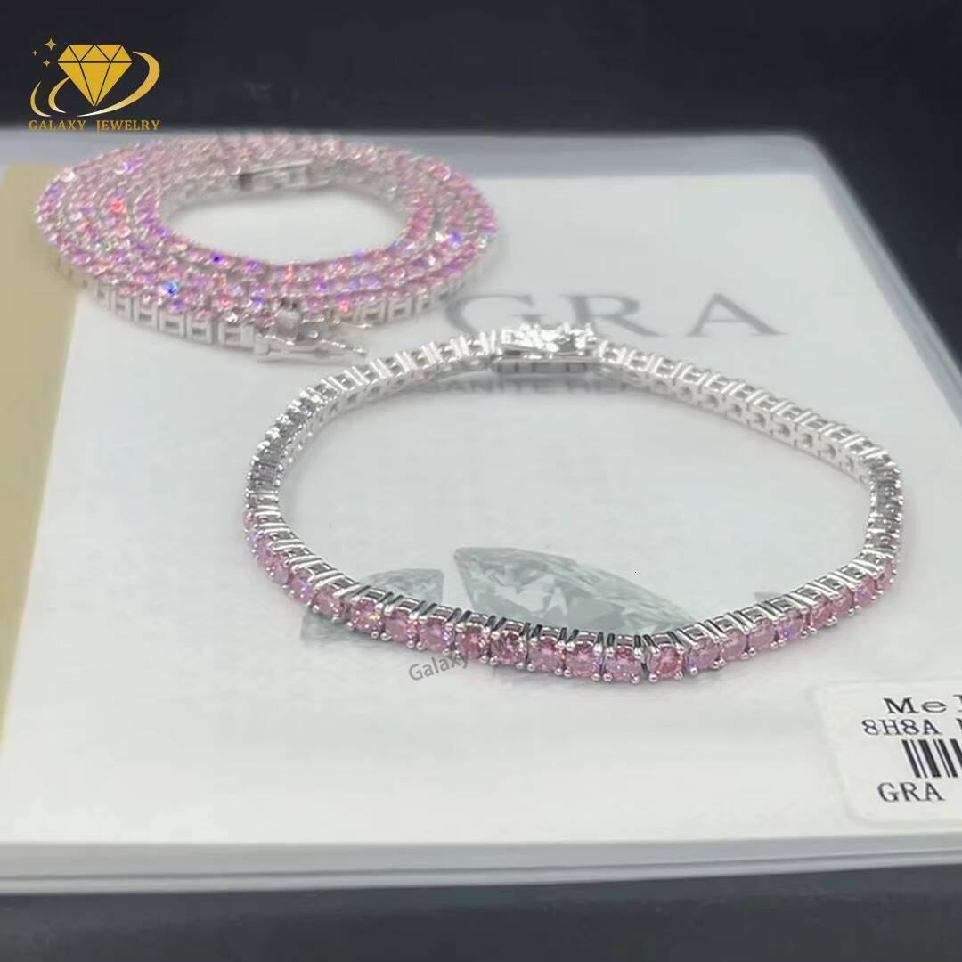 Fashion Jewelry Iced Out Pink Moissanite Colorful 3mm Moissanite Diamond Tennis Chain Tennis Bracelet for Women Men