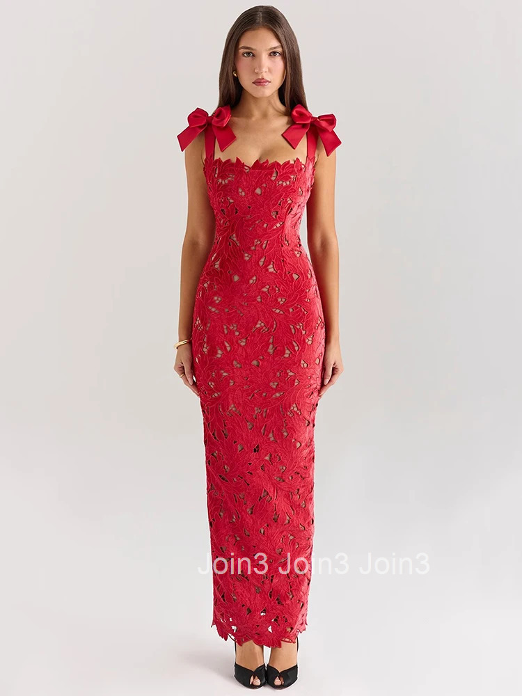 Mozision Bows Lace Sexy Maxi Dress For Women Fashion Sleeveless Backless Bodycon New Years Birthday Club Party Long Dress
