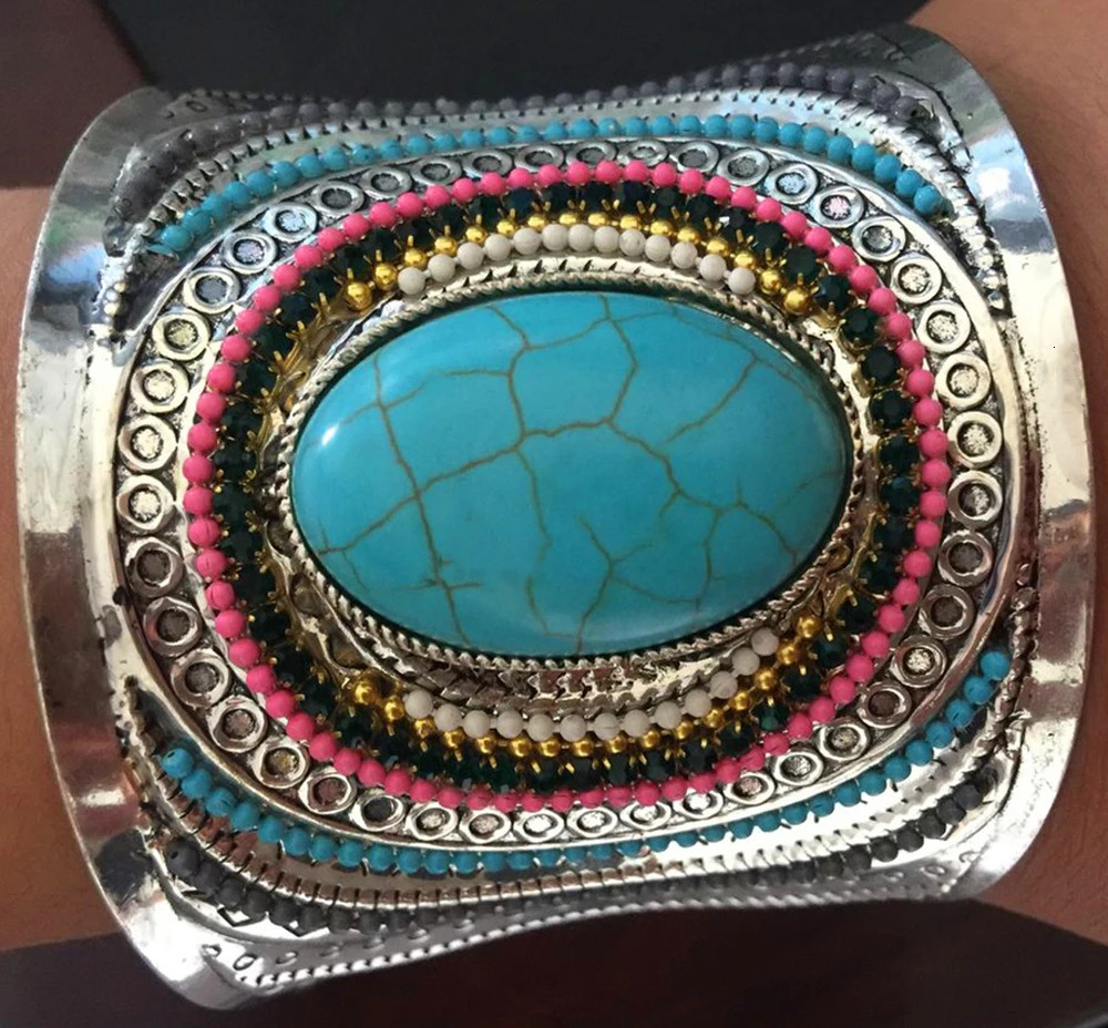 Vintage Tibetan Big Turquoise Drop Crystal Cuff Bracelet for Women Boho Gypsy Tribal African Ethnic Mans Open Bangles Jewelry 250805