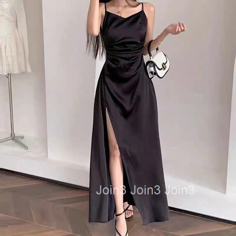 Black Slit Camis Dress Women Summer Sexy Backless Spaghetti Straps Midi Dress Y2K Elegant Satin Sleeveless Party Night Vestidos