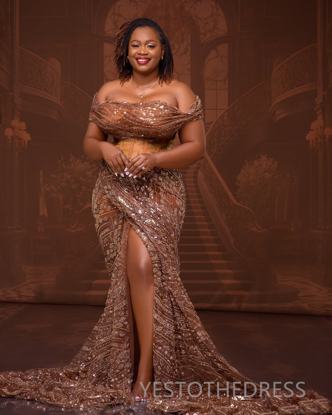 2025 Plus Size Prom Dress Evening Dresses Formal Gowns Off Shoulder High Split Sexy Beaded Lace Birthday Dress Second Reception Gowns For Black Women 