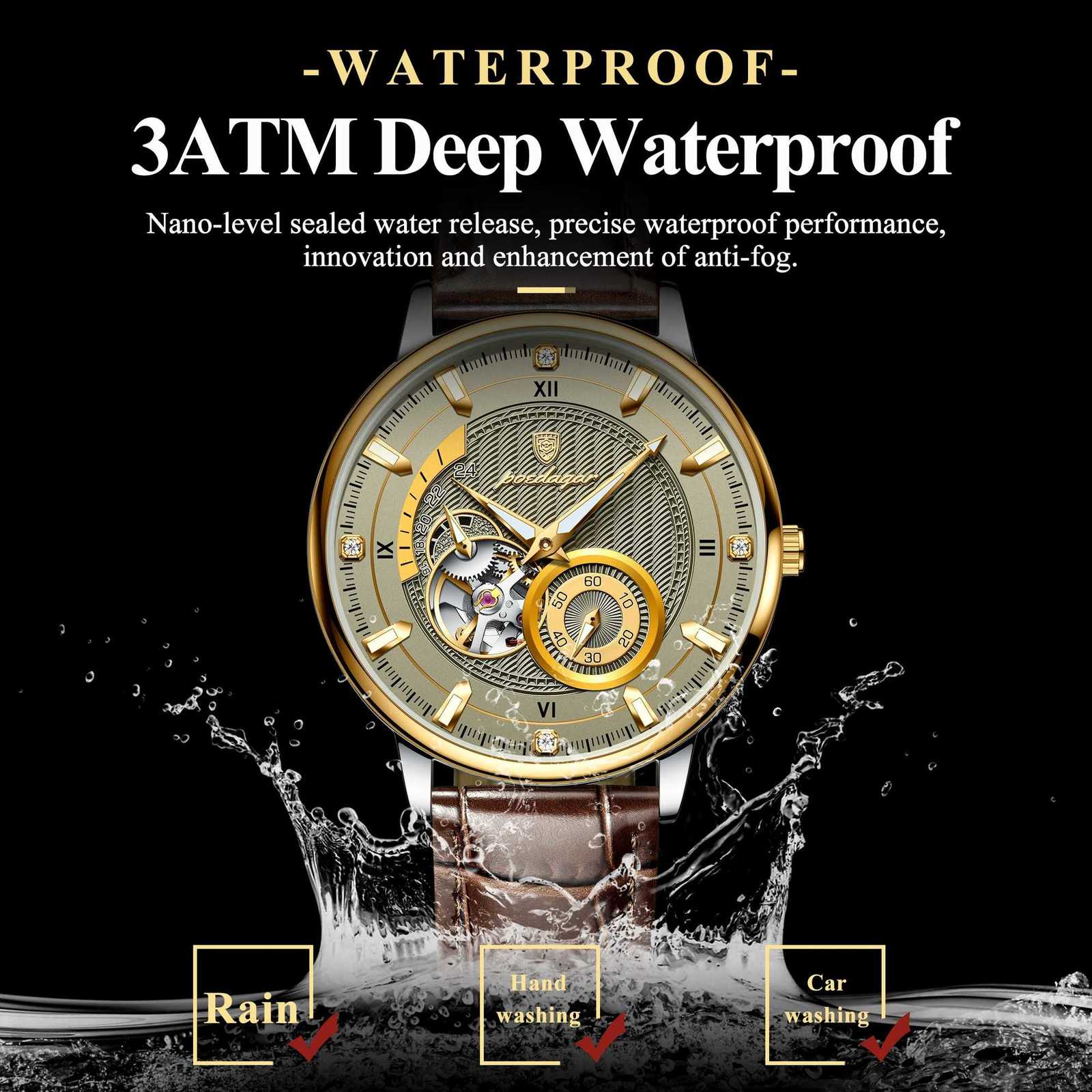 POEDAGAR Sports Luxury Men Clock Waterproof Luminous Man Hollow Tourbillon Automatic Mechanical Leather Mens Watch W250806