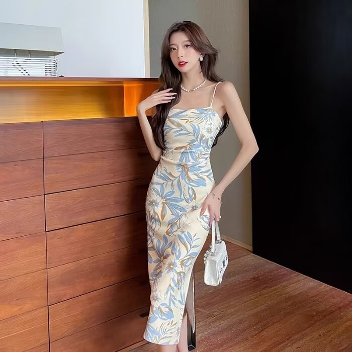 V92455 Gentle style pure desire suspender dress female summer thin style high-end printed slit hip skirt