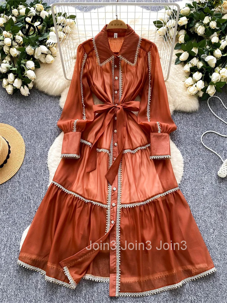 HIgh Quality Luxury Vintage Long Dress Female Lapel Long Sleeves Court Design French Retro Sheer Lace Chiffon Dress