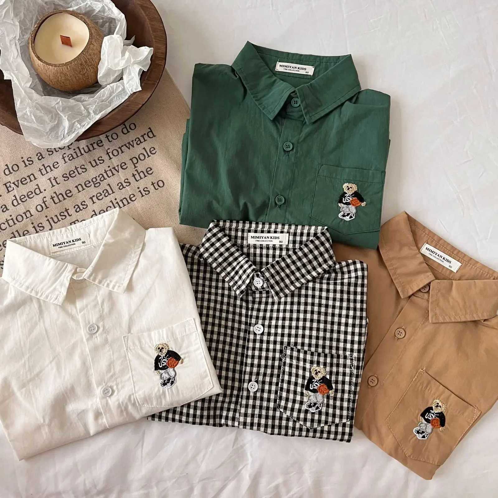 Childrens White Shirt Autumn 2024 New Boys Girls Korean Version Little Bear Embroidered Long-sleeved Plaid Lapel Shirt Trend X250806