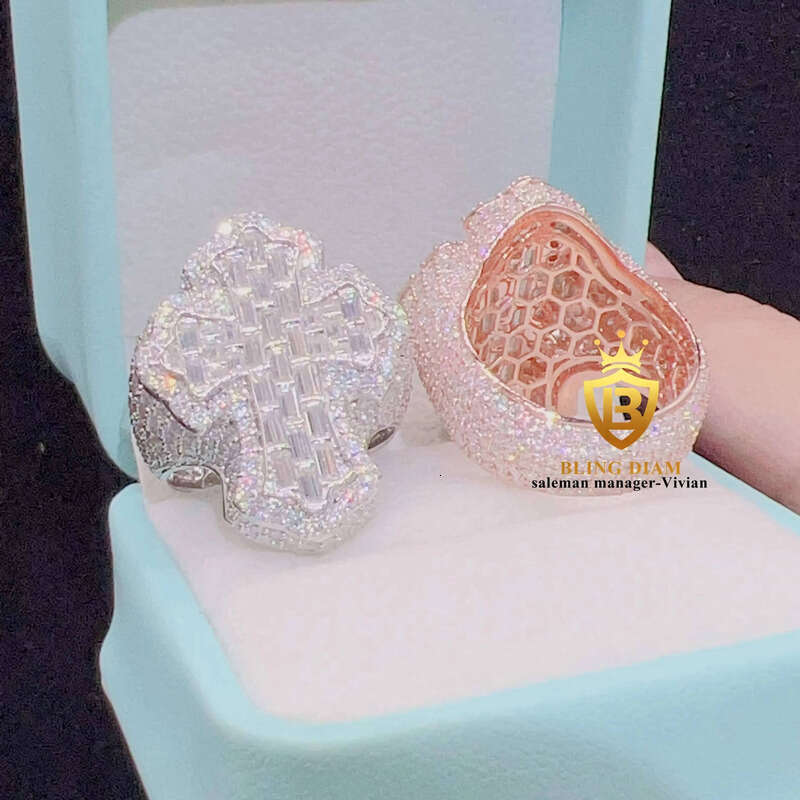 Wholesale Price Factory Direct Sale Fine Hip Hop Jewelry Gold Plated Sier Moissanite Cross Ring