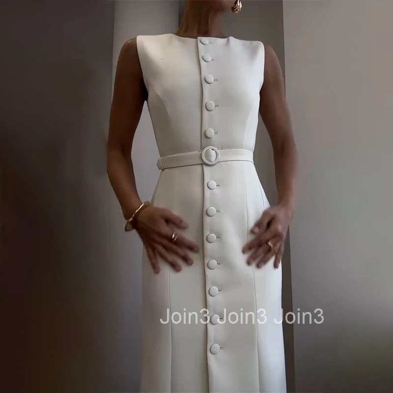 Elegant Temperament Slim Womens A-line Dress Summer Casual O Neck Button Office Dress Simple Solid Color Sleeveless Long Dress