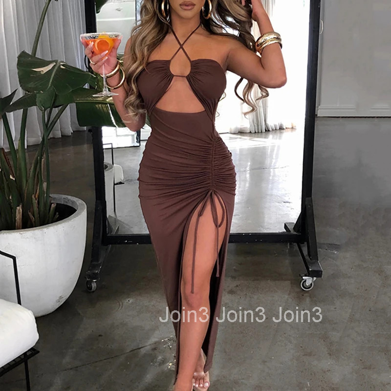 Summer Black Sexy Dress For Women Sleeveless Backless Hollow Out Party Dress Fashion Lace-up Halter Bodycon Elegant Split Dress